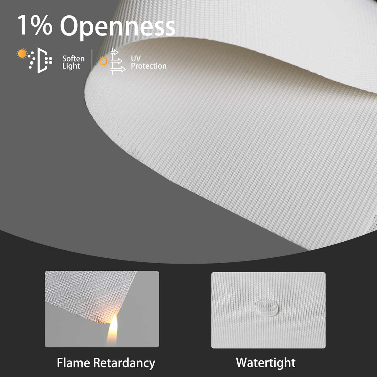 Durable white solar shade fabric with 1% openness is fire-retardant and water-resistant for safe daily use.
