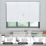 Smart white 1% solar shade supports app, voice assistants, and remote control through hub connection.