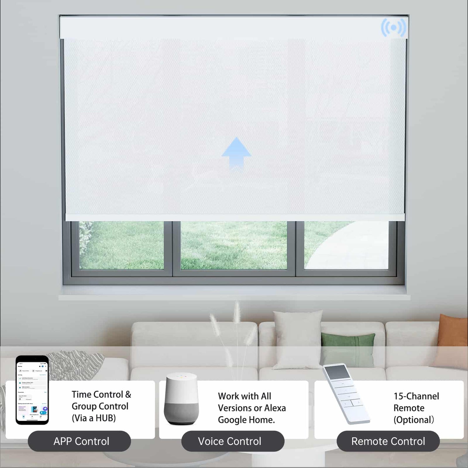 Smart white 1% solar shade supports app, voice assistants, and remote control through hub connection.