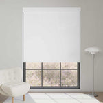 White 1% openness motorized solar shade filters strong sunlight while offering high privacy and soft indoor lighting.