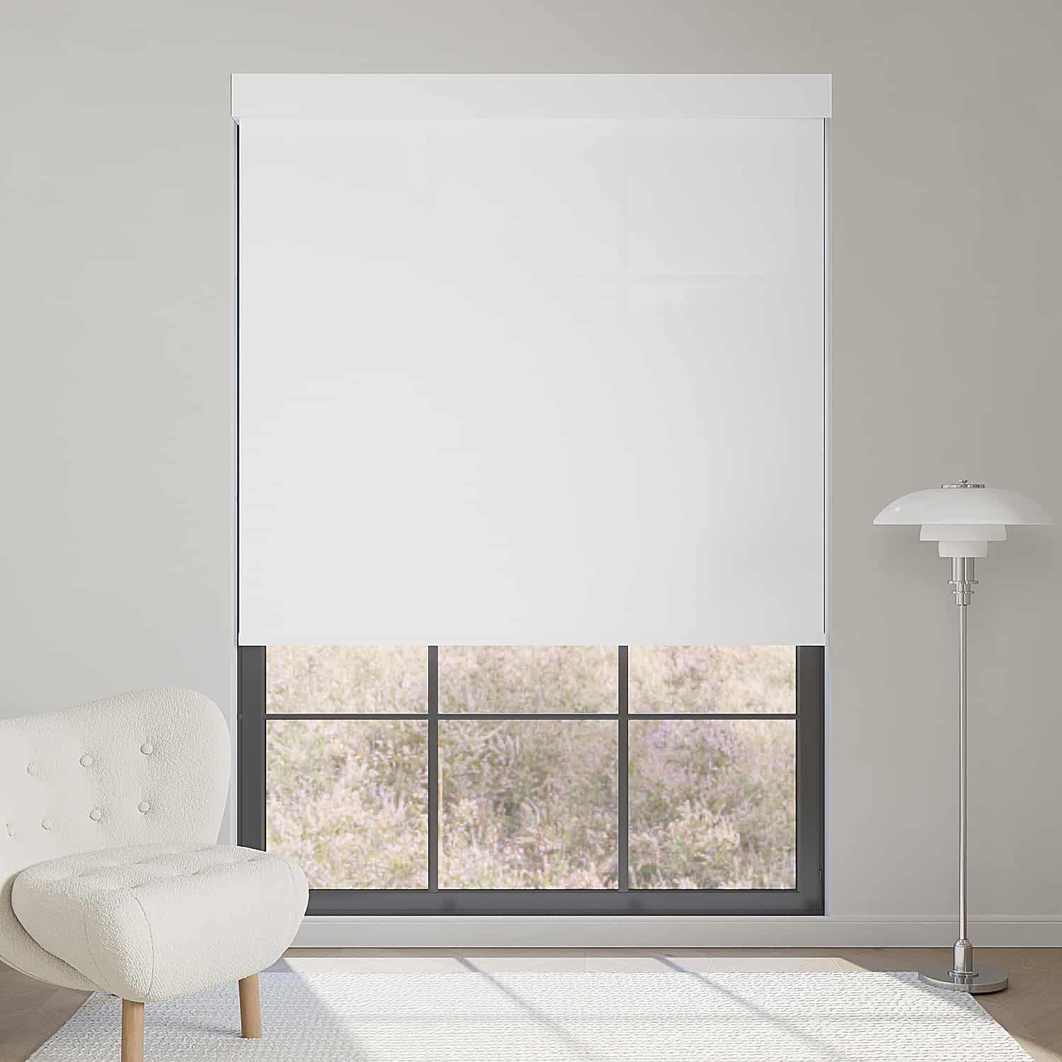 White 1% openness motorized solar shade filters strong sunlight while offering high privacy and soft indoor lighting.