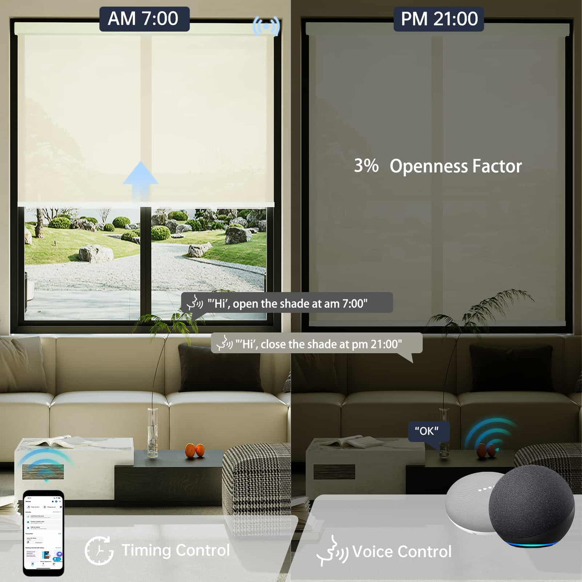 Motorized beige 3% solar shade supports scheduled opening and voice control for daily comfort.