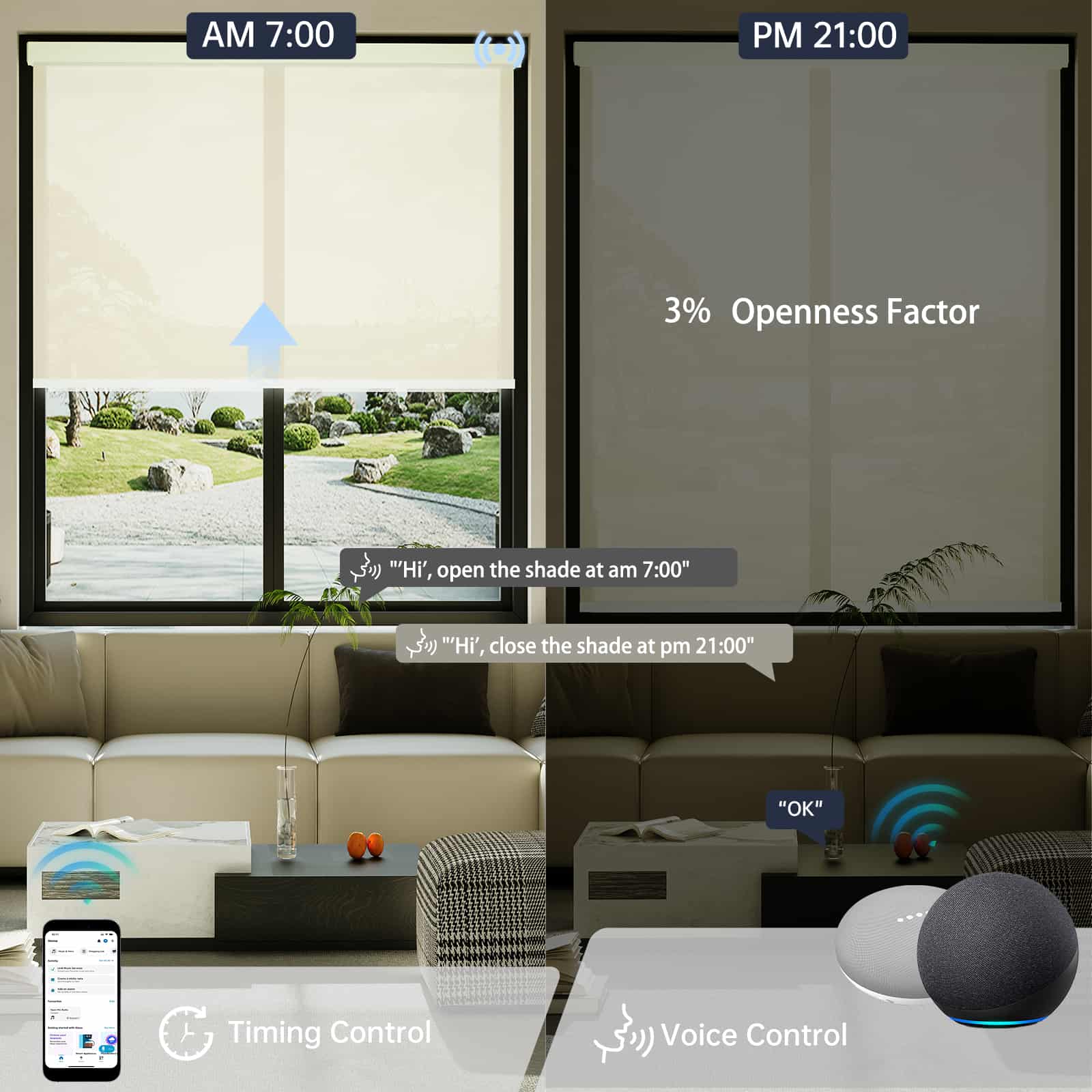 Motorized beige 3% solar shade supports scheduled opening and voice control for daily comfort.