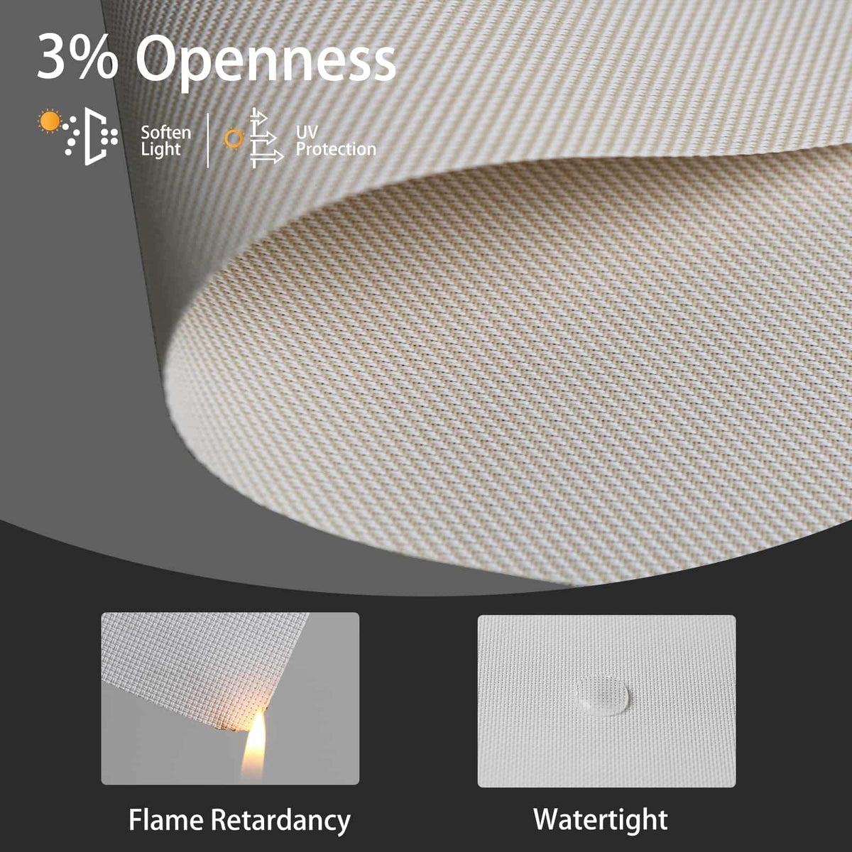 Beige 3% solar shade fabric is fire-resistant and waterproof, durable for long-term safe use.