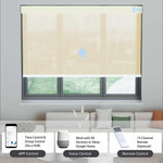 Beige 3% solar shade operable by app, voice, or remote via hub for seamless smart control.