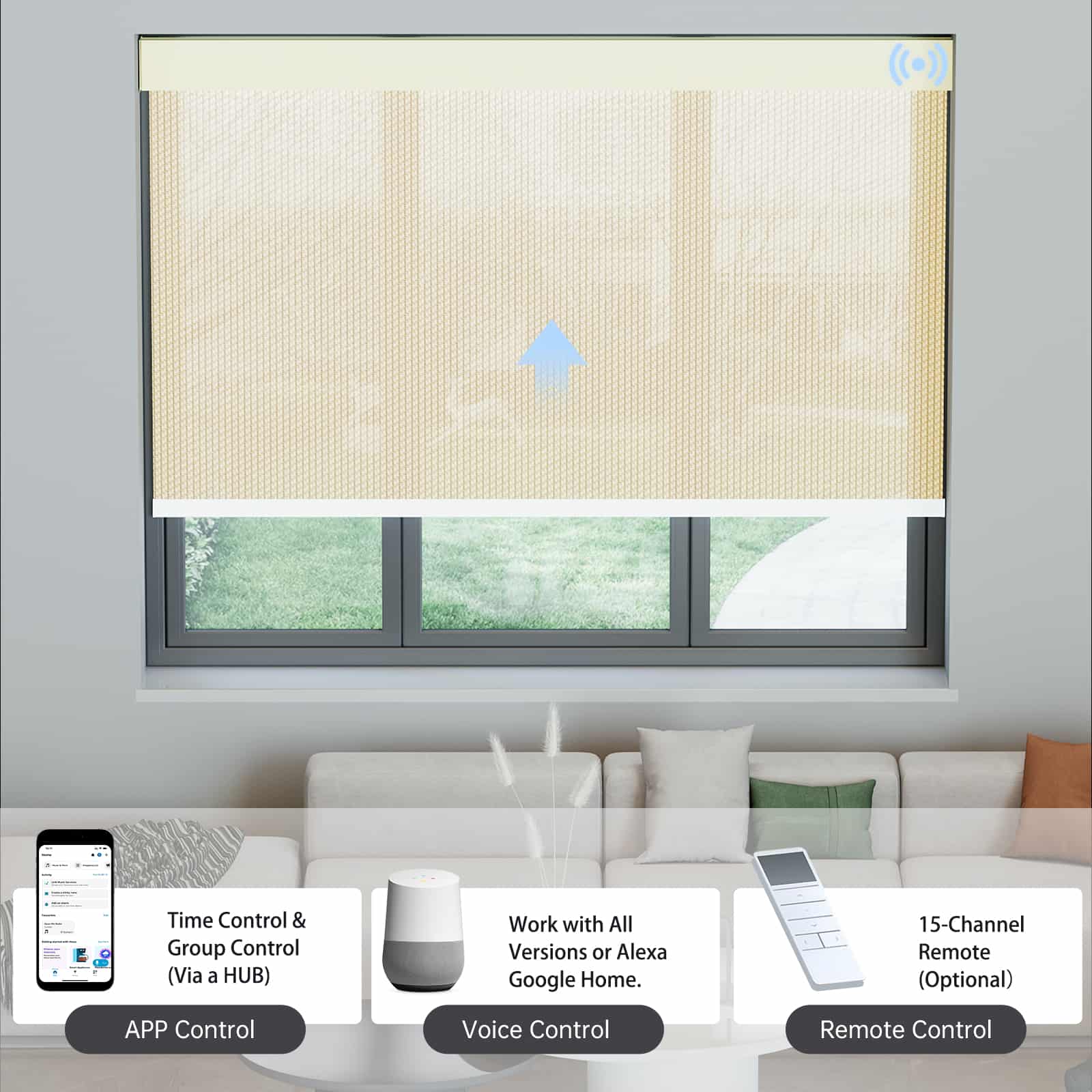 Beige 3% solar shade operable by app, voice, or remote via hub for seamless smart control.