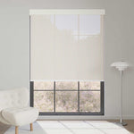 Beige 3% openness solar shade offers outside visibility while reducing glare, keeping interiors warm and private.