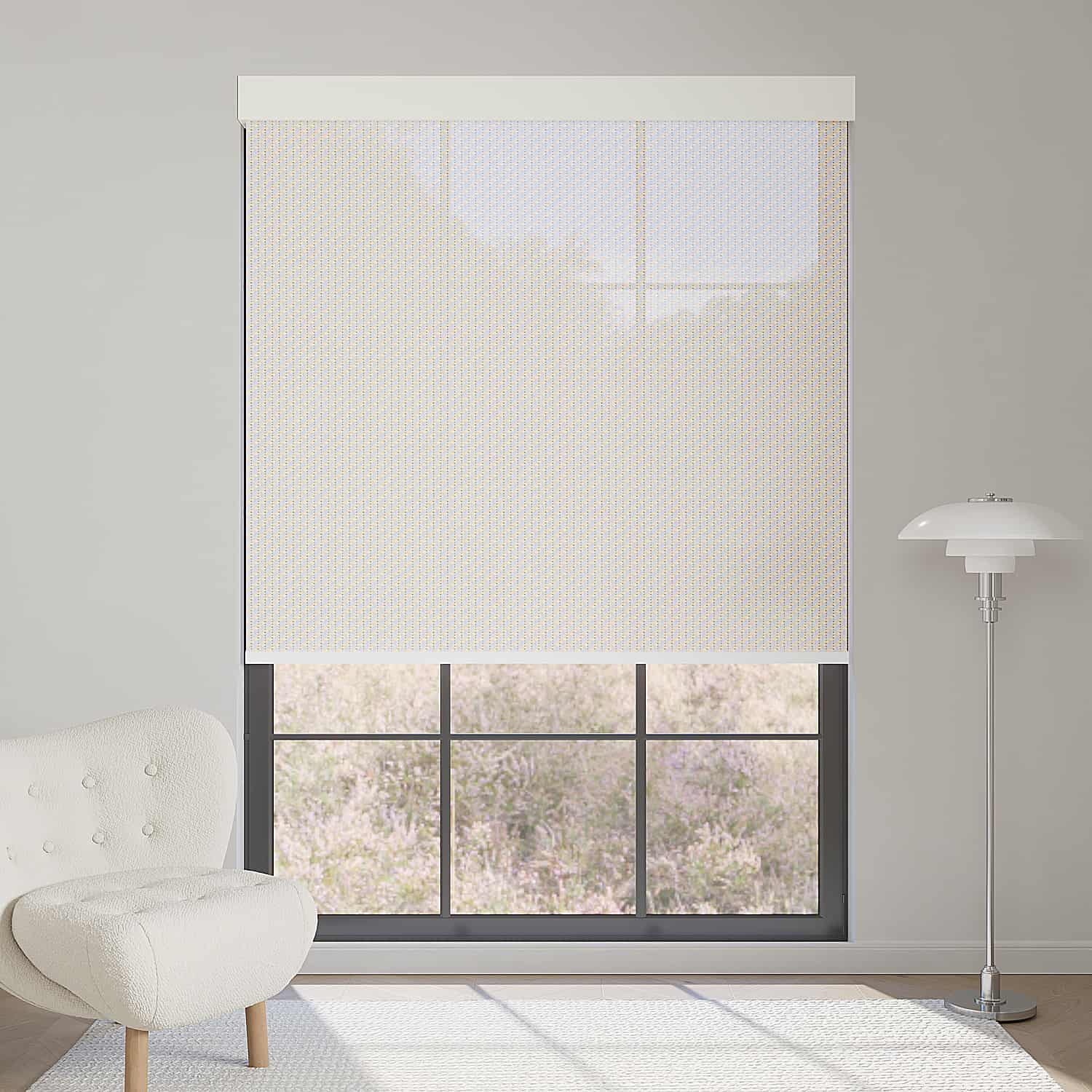 Beige 3% openness solar shade offers outside visibility while reducing glare, keeping interiors warm and private.