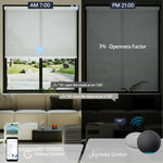 Light gray 3% solar shade supports voice automation and timer settings for effortless living.