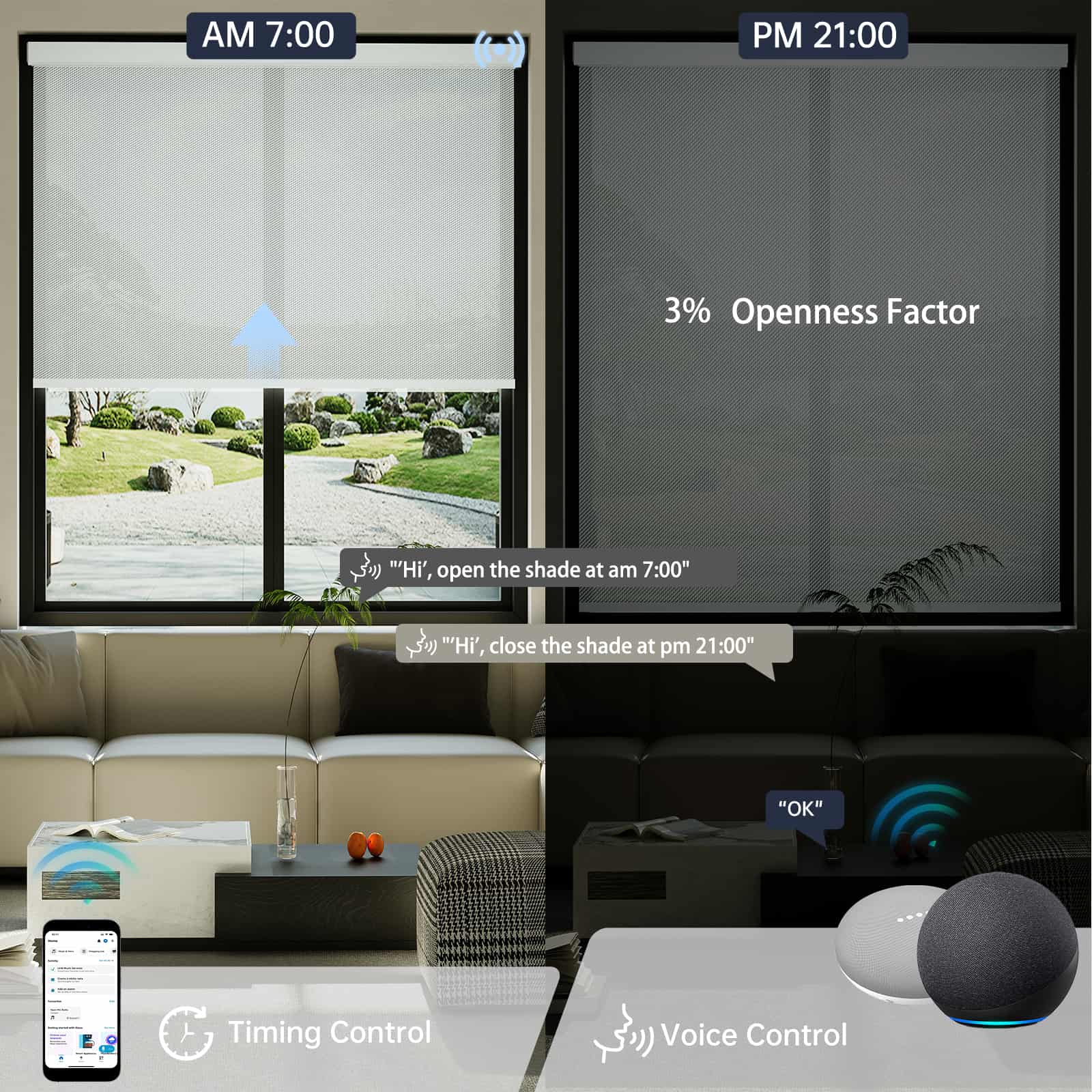 Light gray 3% solar shade supports voice automation and timer settings for effortless living.