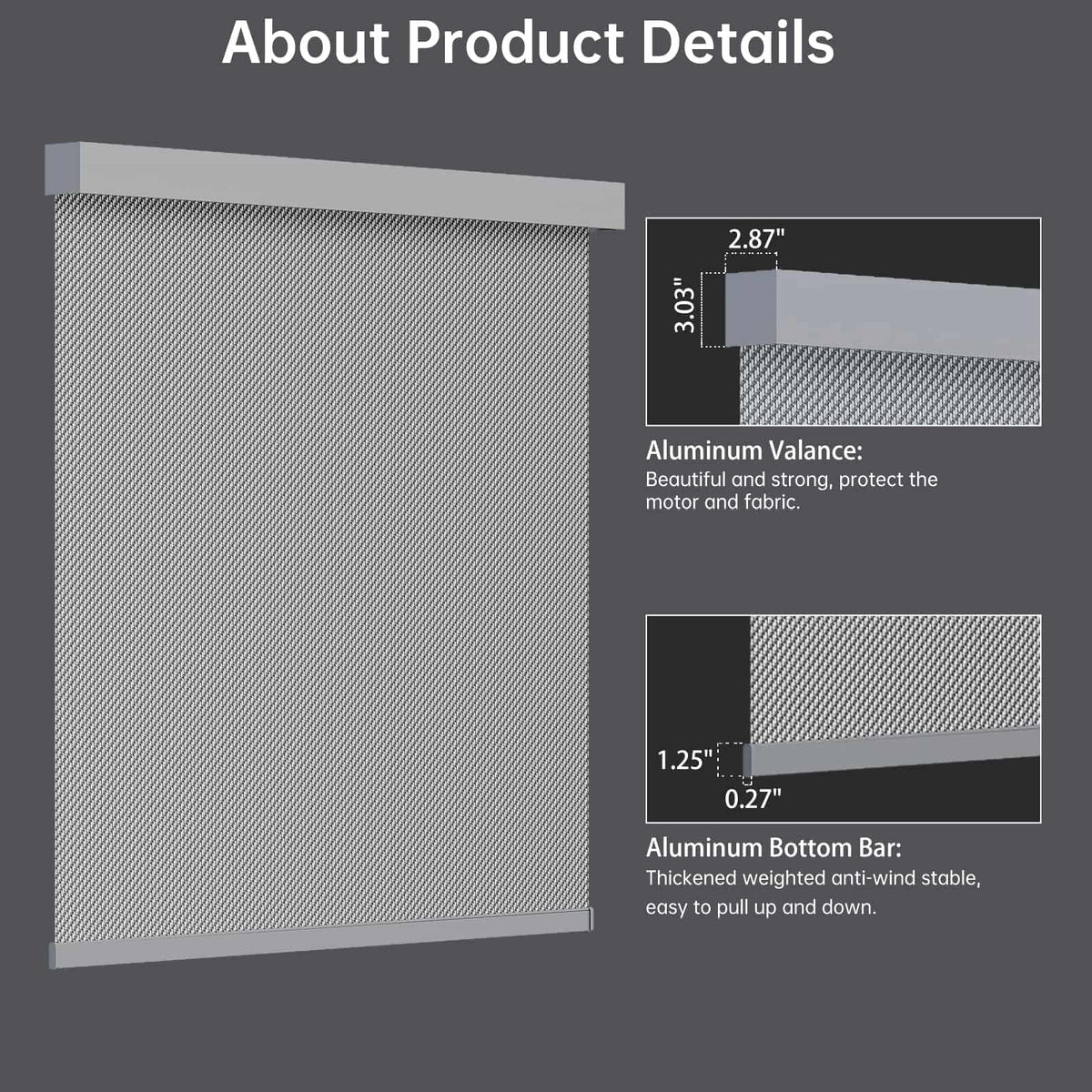 Light gray 3% solar shade features sleek metal valance and bottom rail for modern minimal design.
