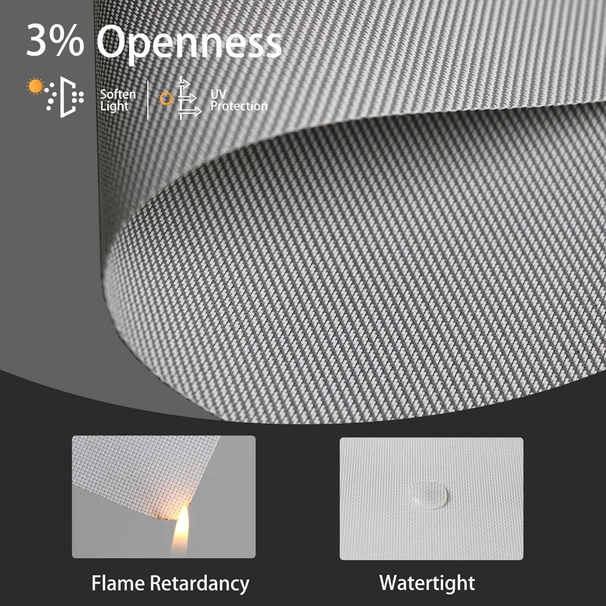 Light gray 3% solar shade fabric is flame-retardant and water-resistant, combining safety and function.