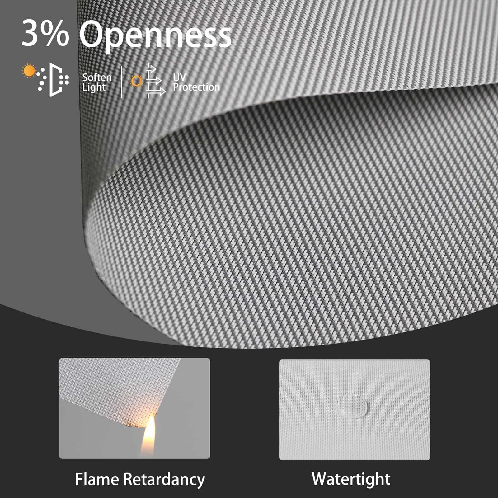 Light gray 3% solar shade fabric is flame-retardant and water-resistant, combining safety and function.