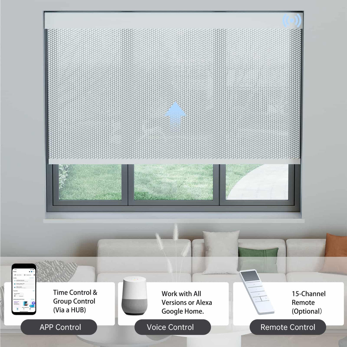 Light gray 3% solar shade controllable via app, voice assistant, or remote with hub integration.