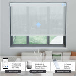 Light gray 3% solar shade controllable via app, voice assistant, or remote with hub integration.