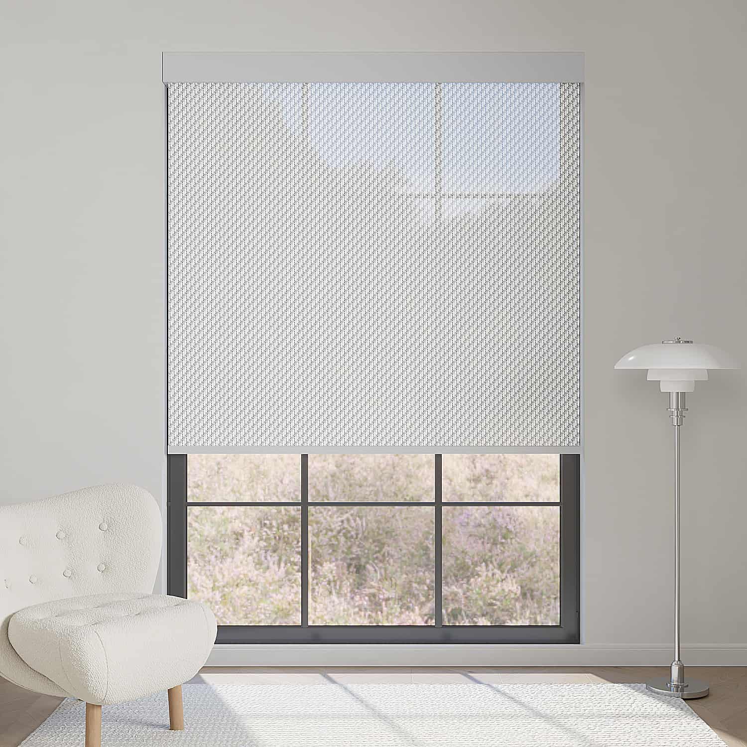 Light gray 3% openness solar shade filters daylight gently, preserving outdoor views and interior privacy.