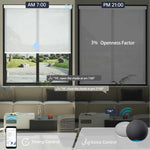 Smart white 3% solar shade allows timer scheduling and voice automation for hands-free convenience.