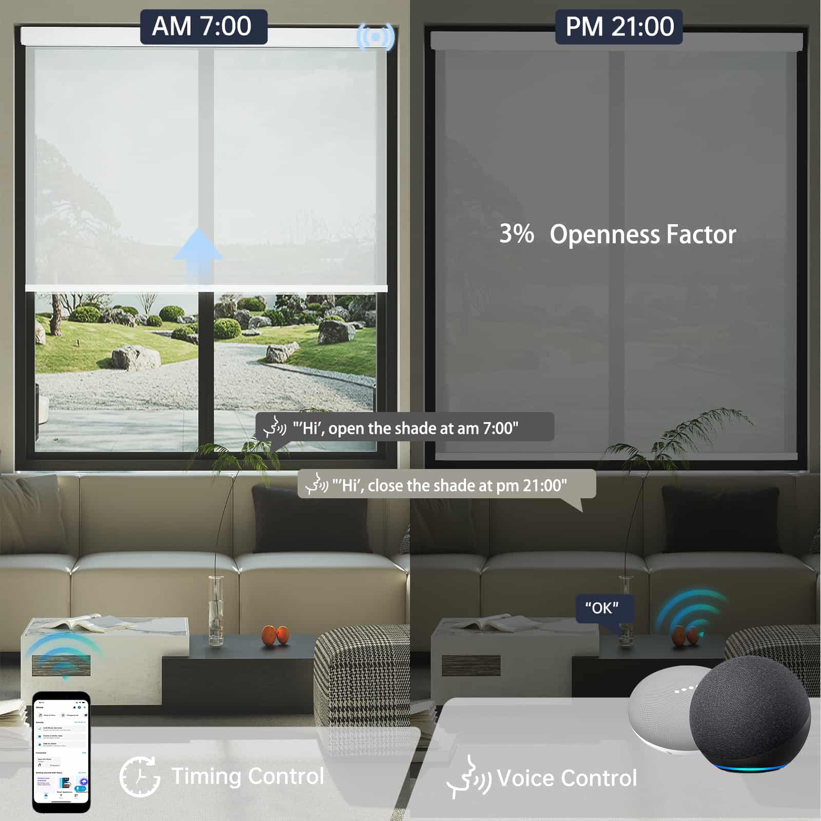 Smart white 3% solar shade allows timer scheduling and voice automation for hands-free convenience.
