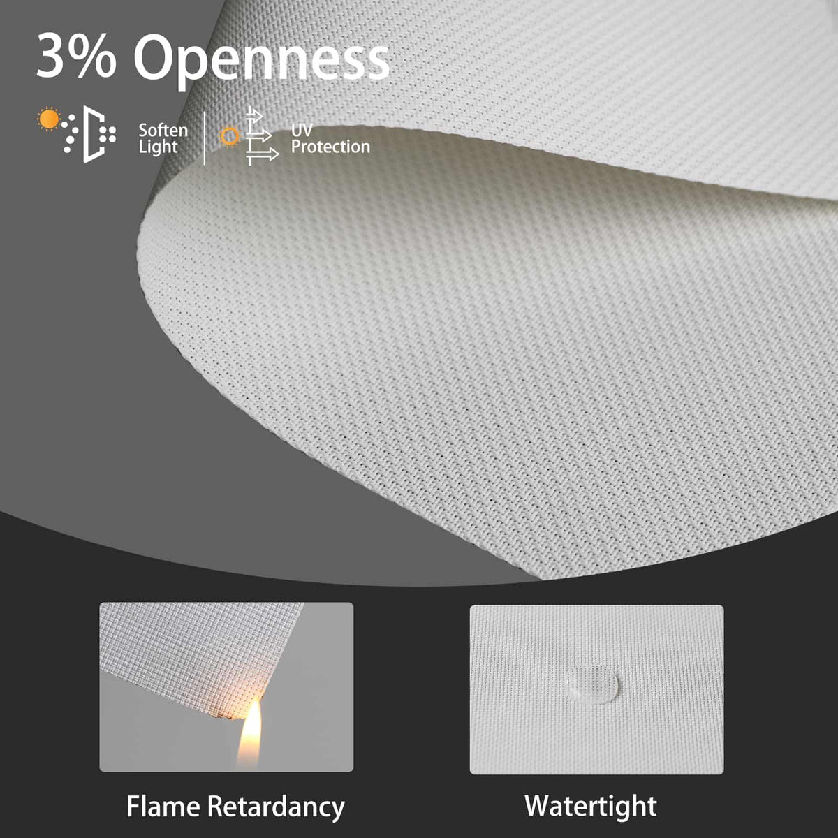White 3% solar shade fabric is flame-retardant and water-resistant, ensuring both safety and durability.