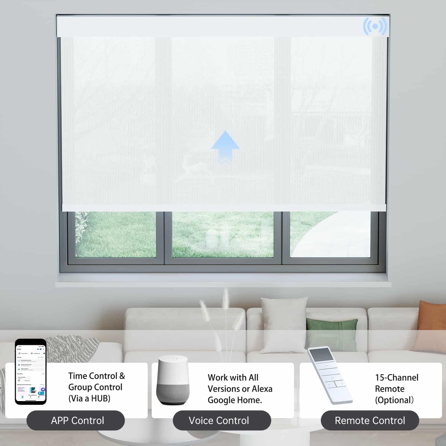 White 3% solar shade supports app, voice assistant, and remote control via hub for flexible operation.