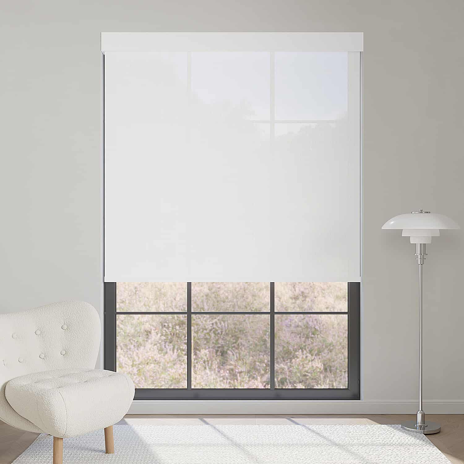 White 3% openness motorized solar shade balances privacy with outside view, softly filtering natural daylight.