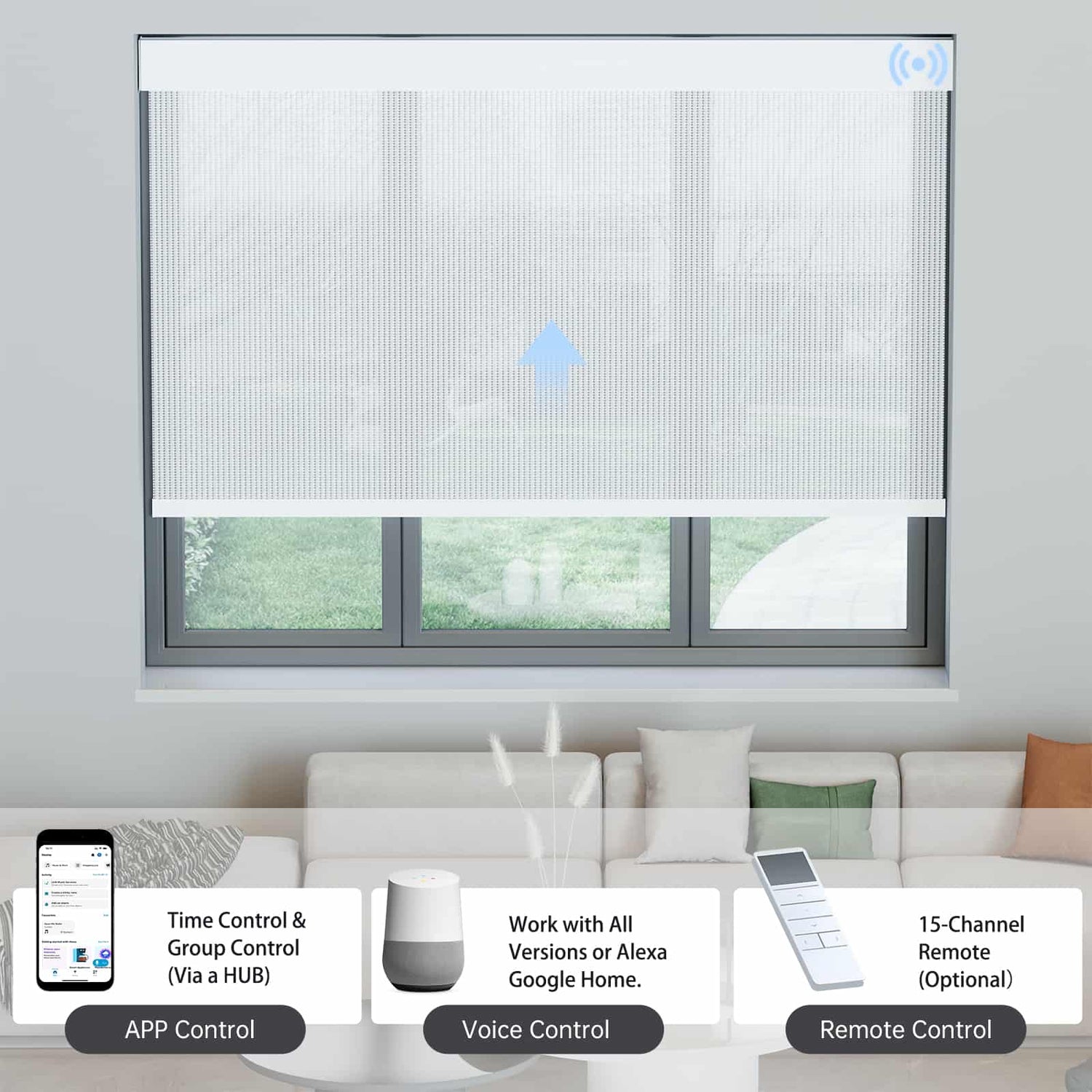Smart white 5% solar shade works with app, voice, or hub remote for seamless smart control.
