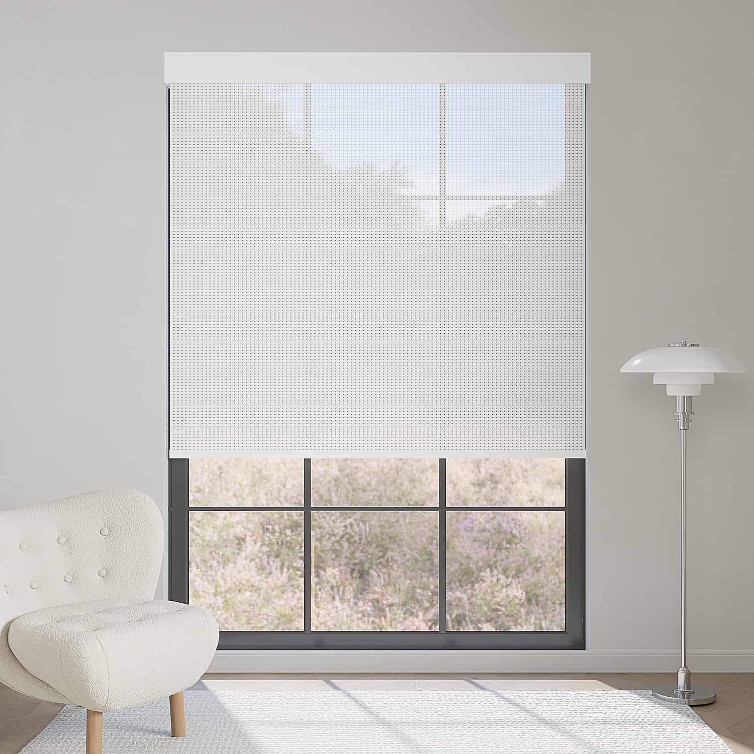 White 5% openness solar shade preserves outside view while softening daylight, offering airy brightness indoors.