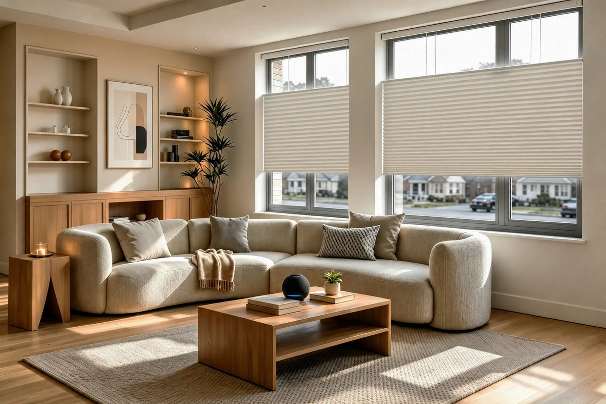 Motorized top-down bottom-up blackout cellular shades covering the lower portion of two large living room windows