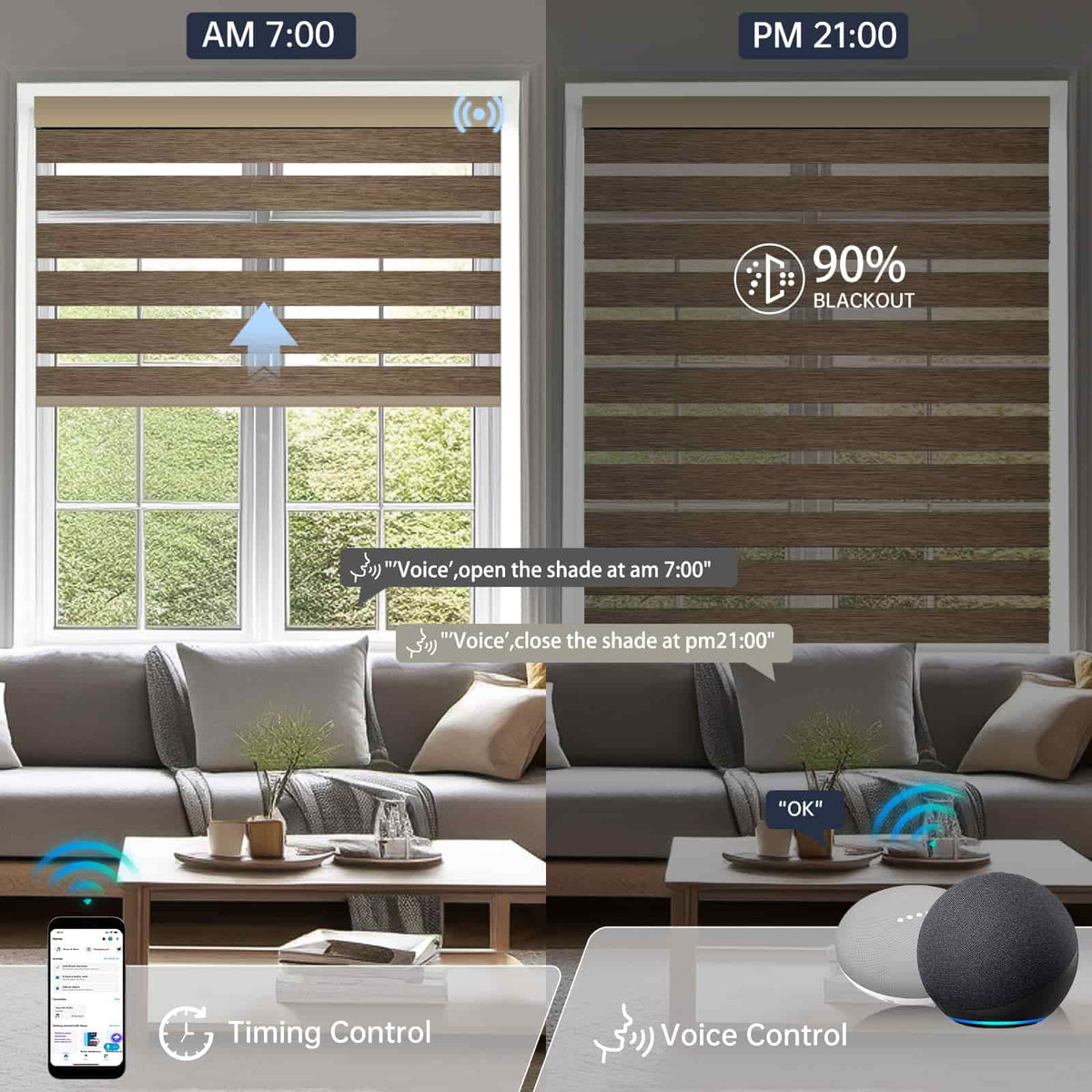 Motorized coffee zebra shade supports scheduled timer and voice control for effortless automation.