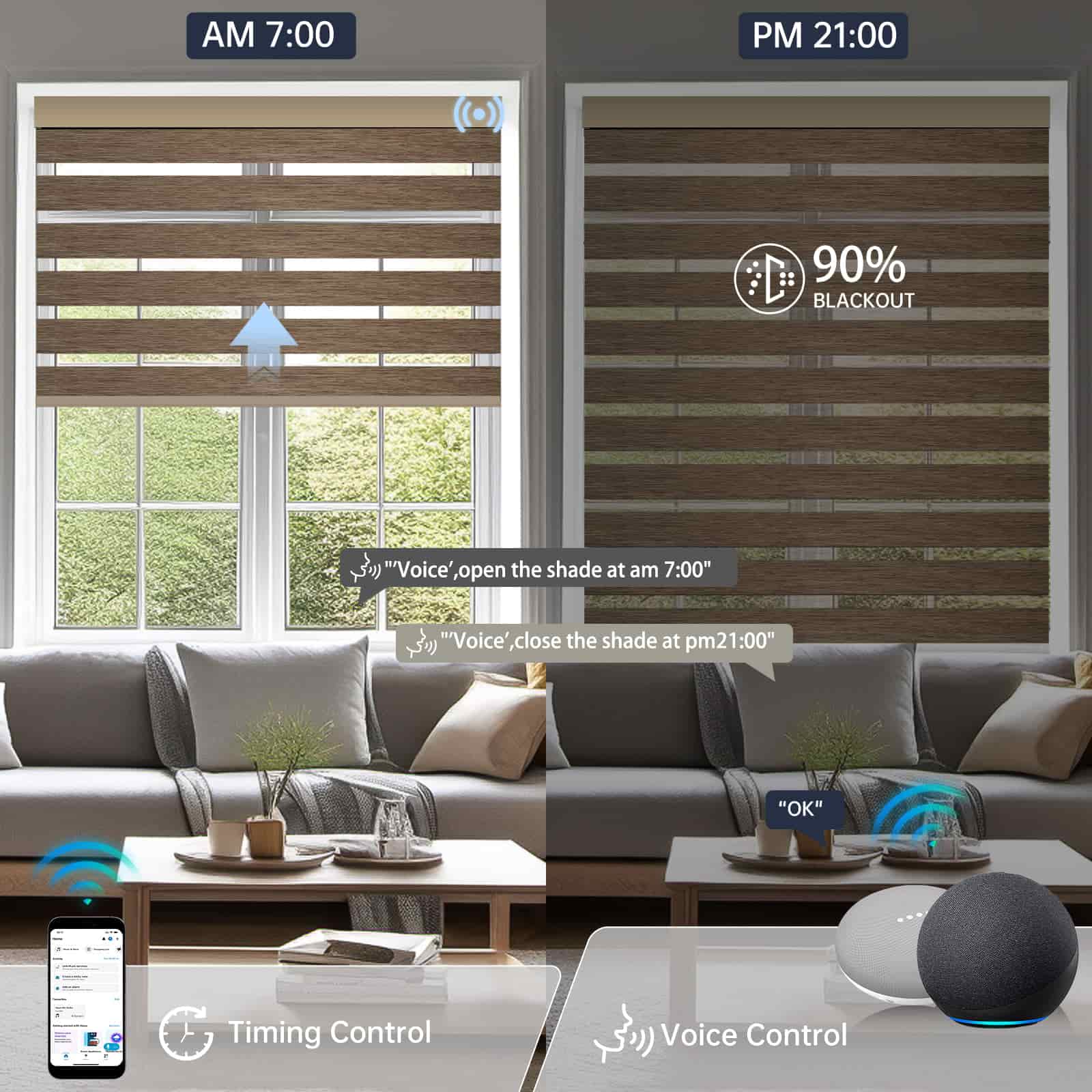 Motorized coffee zebra shade supports scheduled timer and voice control for effortless automation.
