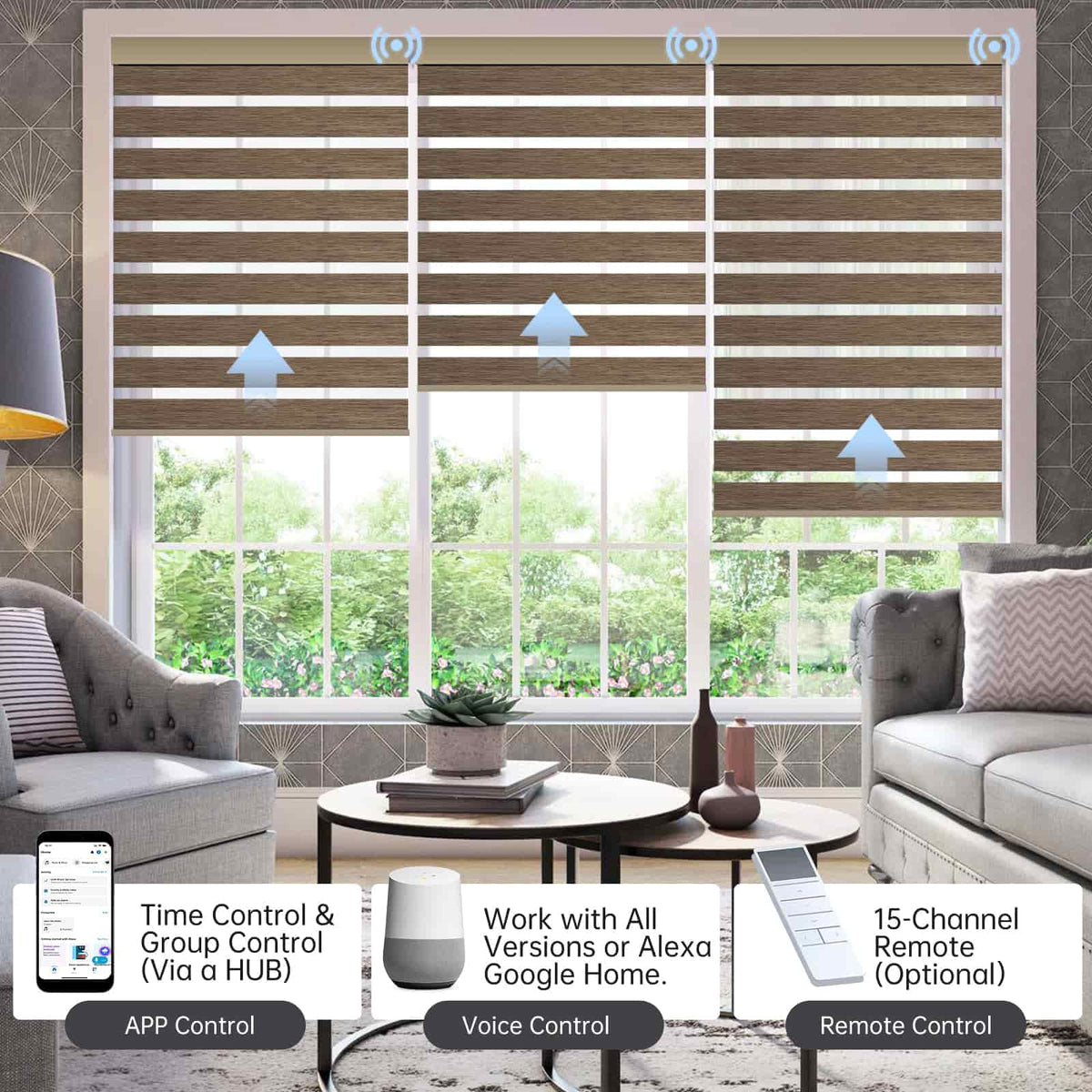 Coffee zebra shade with app, voice, or hub remote, easily managing up to 16 grouped shades.
