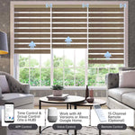 Coffee zebra shade with app, voice, or hub remote, easily managing up to 16 grouped shades.