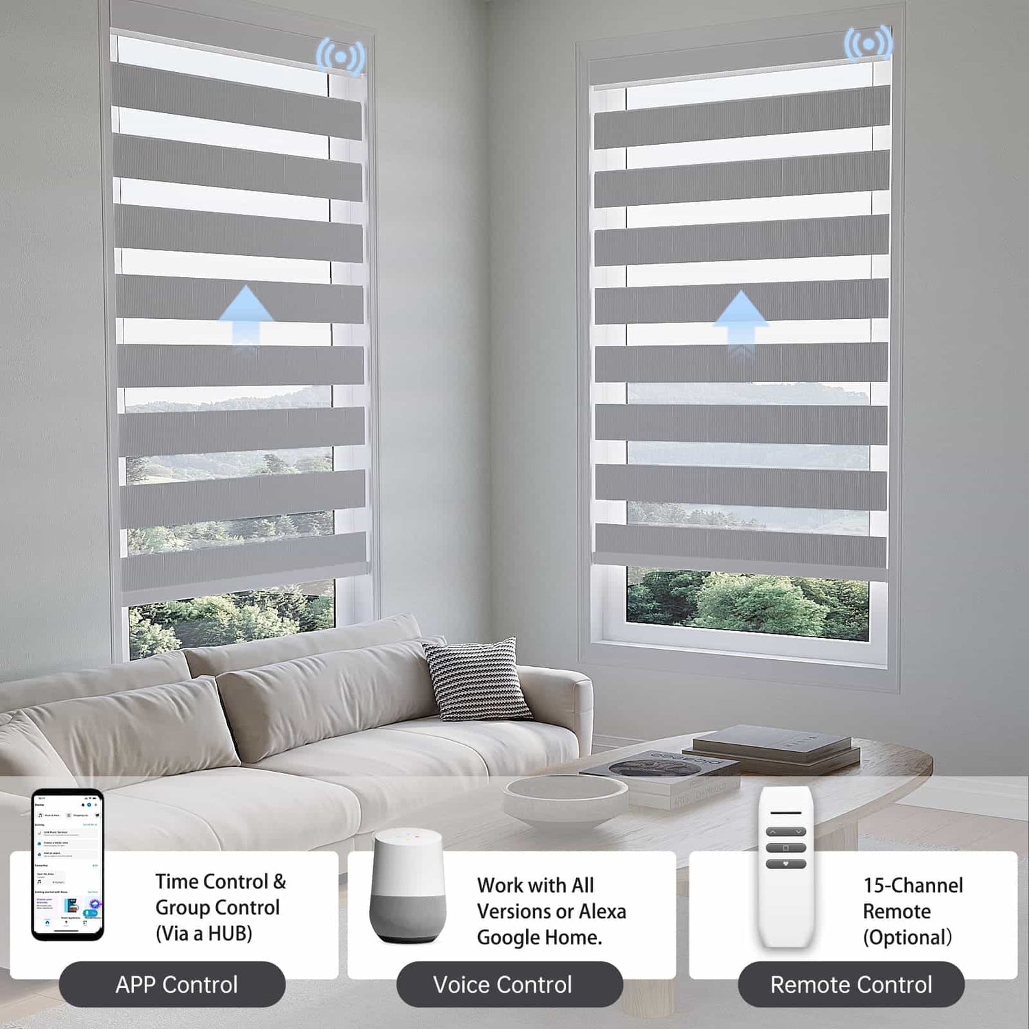 Classic 65% light grey motorized zebra shade with app, voice, or hub remote, managing up to 16 grouped shades effortlessly.