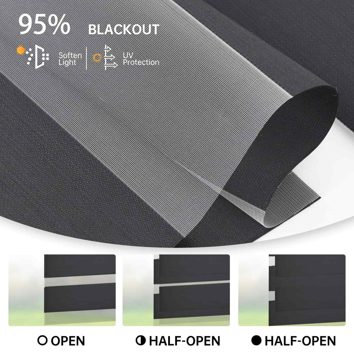 95% luxury black zebra shade shown fully open, half-open, and closed; soft light and sun protection.
