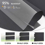 95% luxury black zebra shade shown fully open, half-open, and closed; soft light and sun protection.