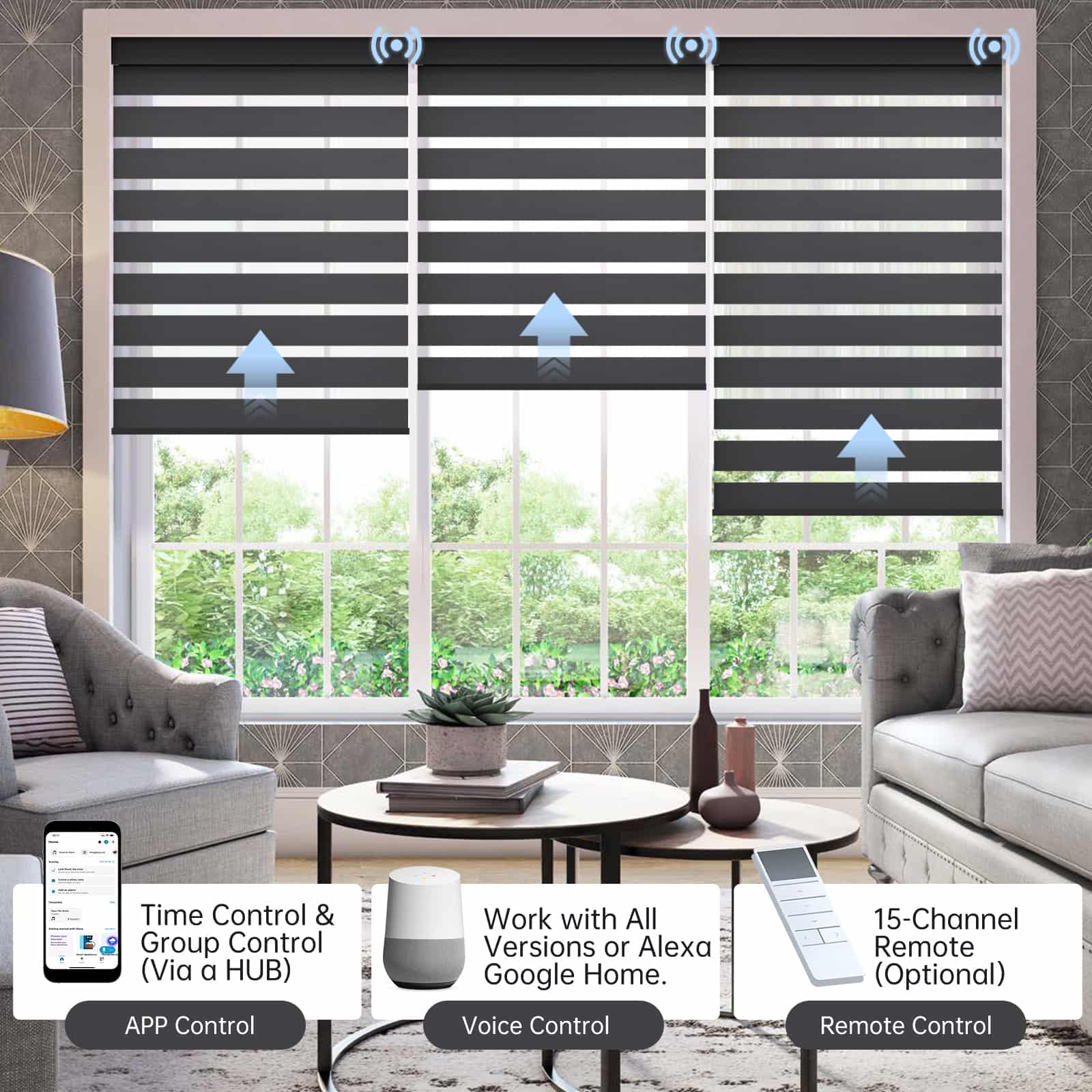 95% luxury black zebra shade controllable via app, voice, or hub remote; manages up to 16 grouped shades.