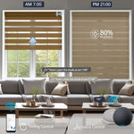 Motorized 80% luxury coffee zebra shade supports voice commands and scheduled timer for convenient automation.