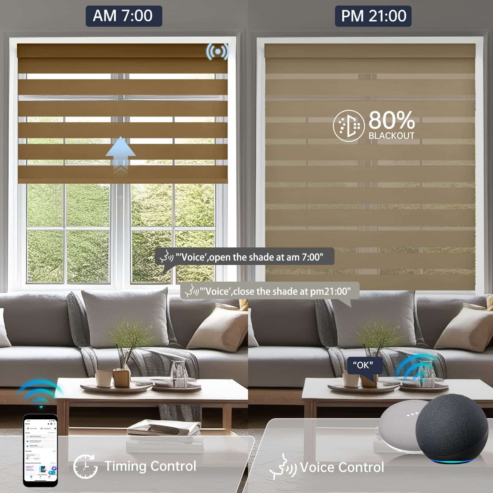 Motorized 80% luxury coffee zebra shade supports voice commands and scheduled timer for convenient automation.