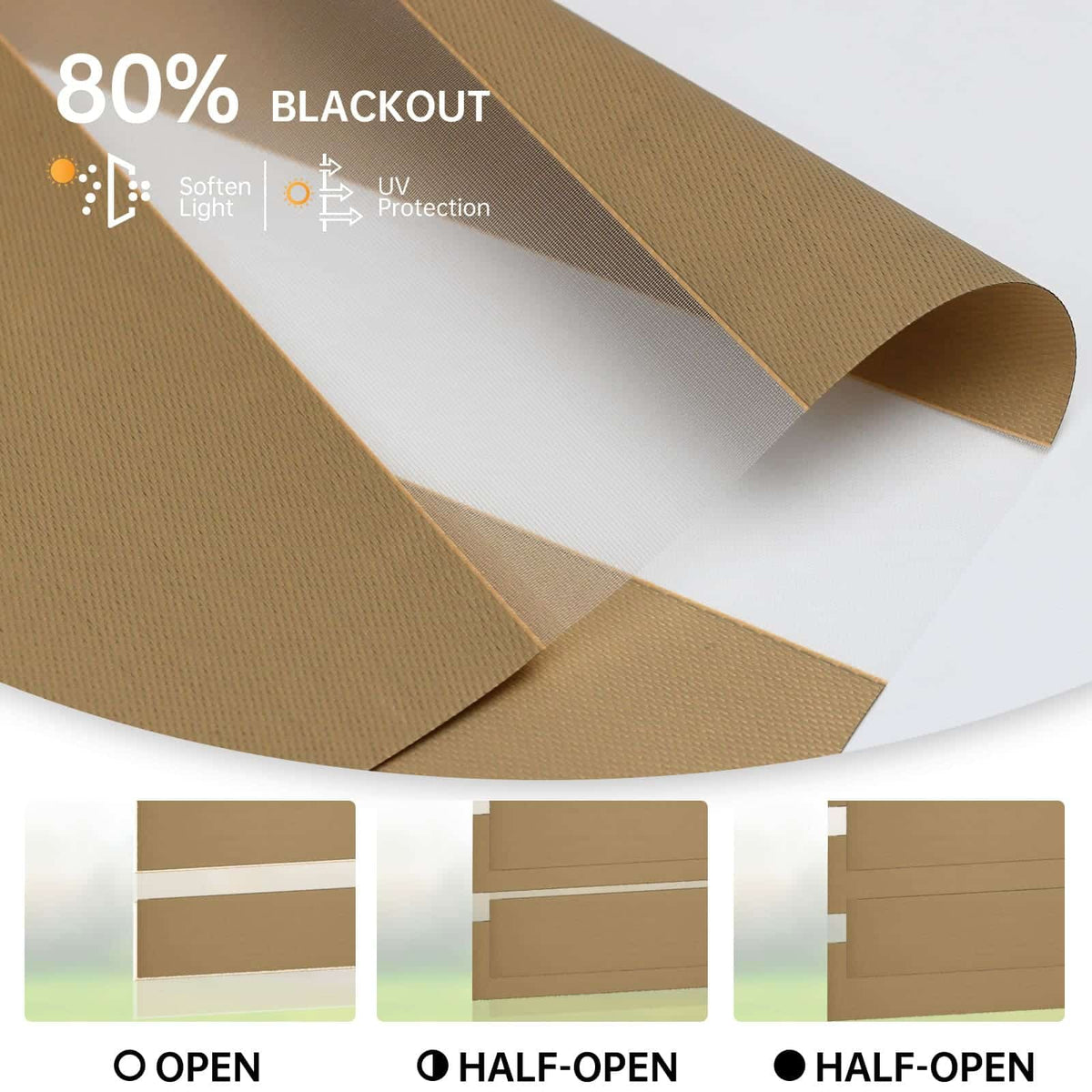 80% luxury coffee zebra shade in fully open, half-open, and closed positions; soft light and sun protection.