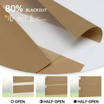 80% luxury coffee zebra shade in fully open, half-open, and closed positions; soft light and sun protection.