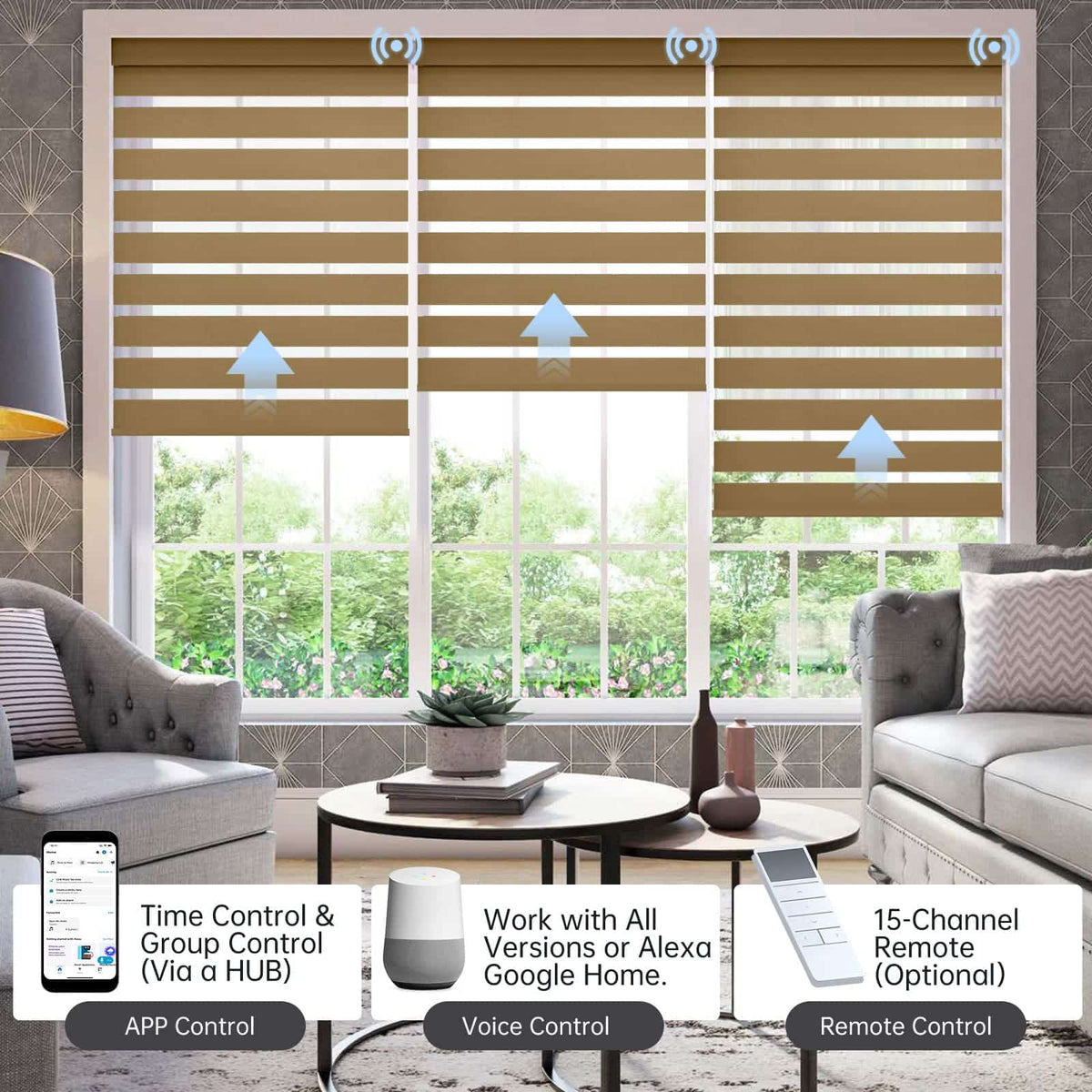 80% luxury coffee zebra shade with app, voice, or hub remote; supports up to 16 grouped shades.