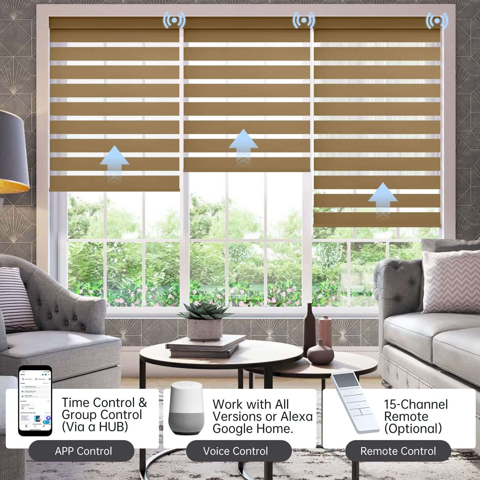 80% luxury coffee zebra shade with app, voice, or hub remote; supports up to 16 grouped shades.