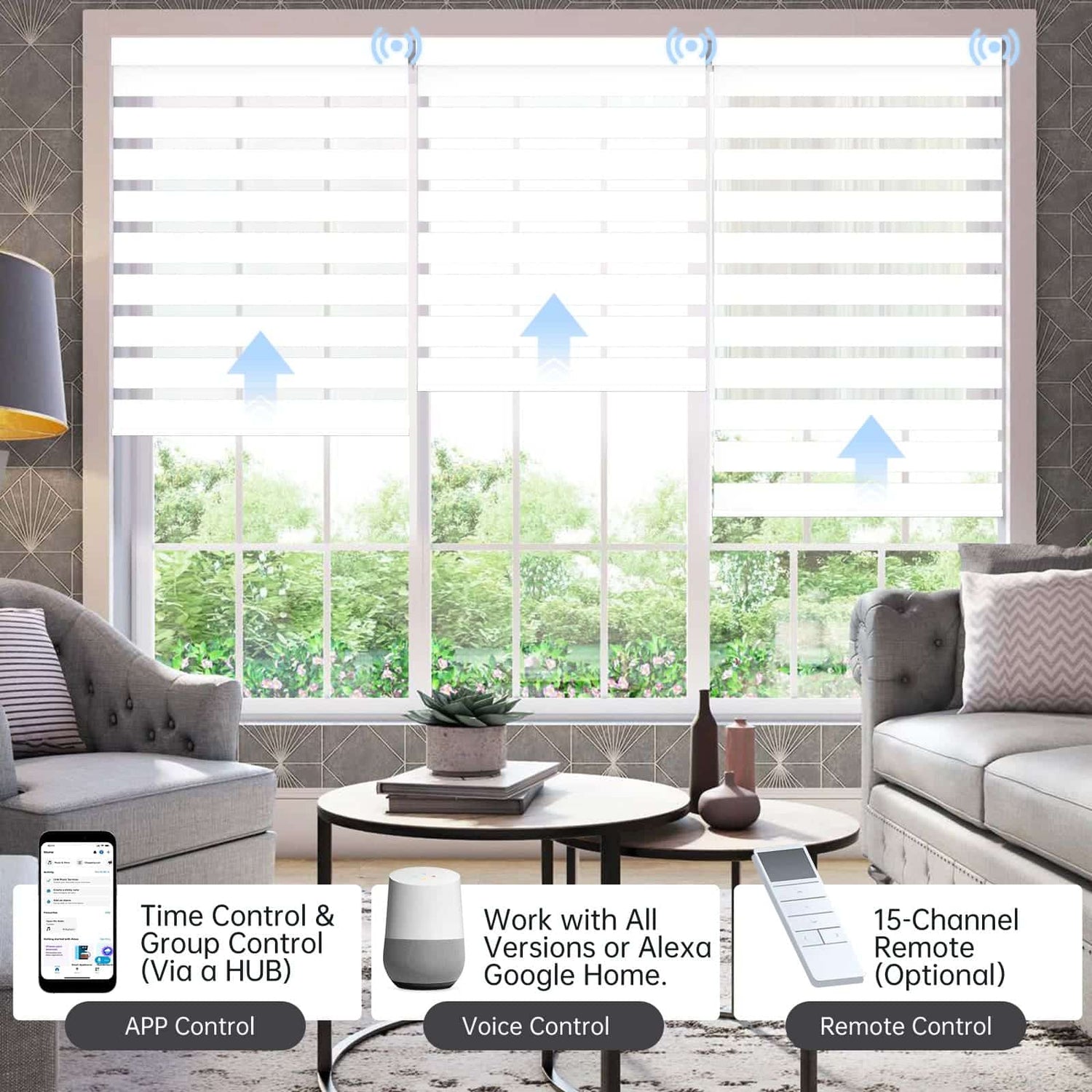 90% Matte White zebra shade controllable via app, voice, or hub remote; manages up to 16 grouped shades.