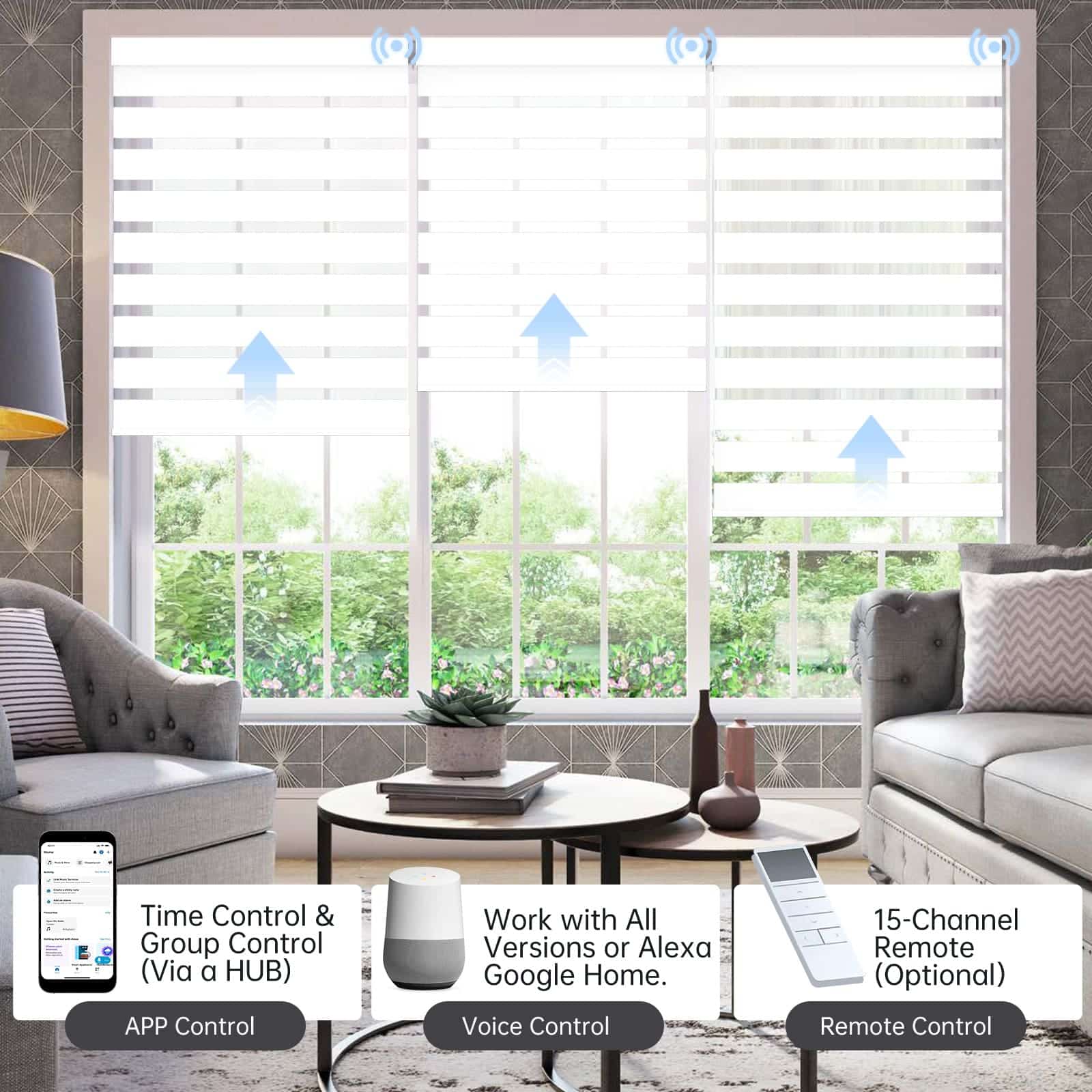 90% Matte White zebra shade controllable via app, voice, or hub remote; manages up to 16 grouped shades.