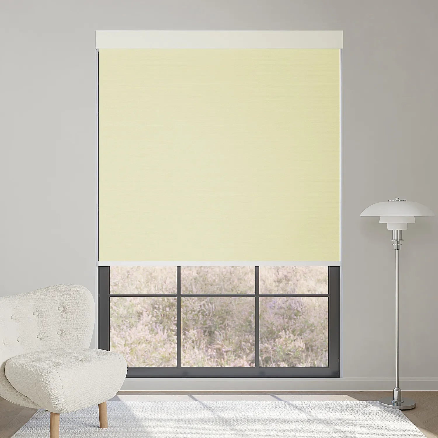Elegant creamy yellow motorized blackout roller shade softens sunlight while adding warm, inviting elegance to interiors.