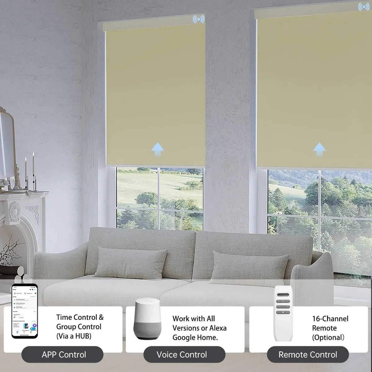 Elegant creamy yellow blackout roller shade with app, voice, or hub remote, managing up to 16 grouped shades effortlessly.