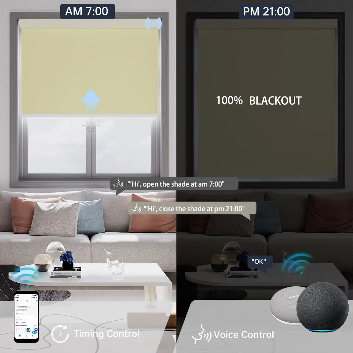 Elegant creamy yellow motorized blackout roller shade supports voice commands and scheduled timer for seamless daily automation.