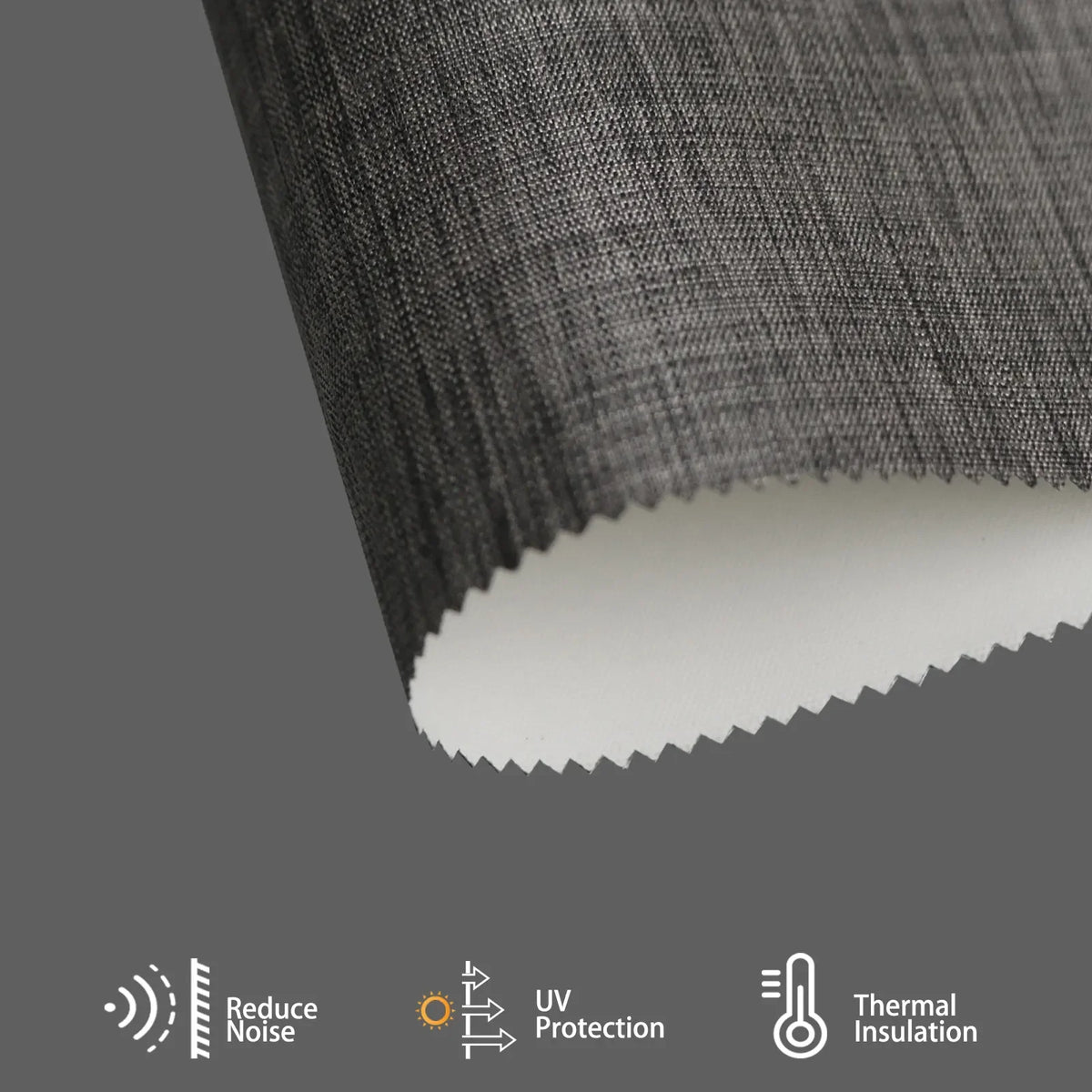 Dark grey textured blackout fabric blocks heat and noise, enhances room temperature control, and adds stylish depth to interiors.