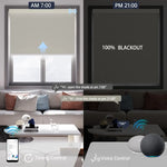 Motorized blackout roller shade with voice control and scheduled timer, enabling hands-free smart opening and closing daily.