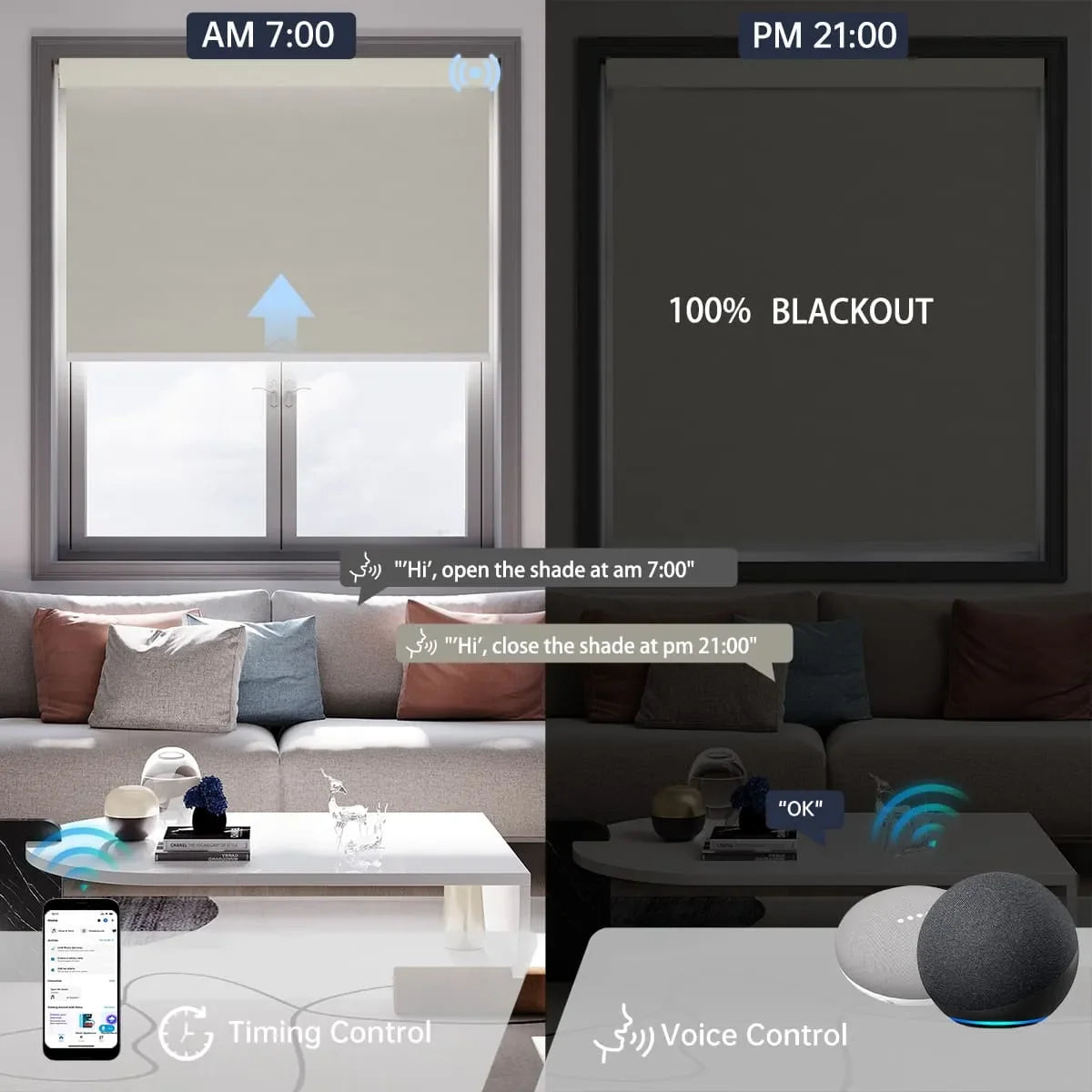 Motorized blackout roller shade with voice control and scheduled timer, enabling hands-free smart opening and closing daily.
